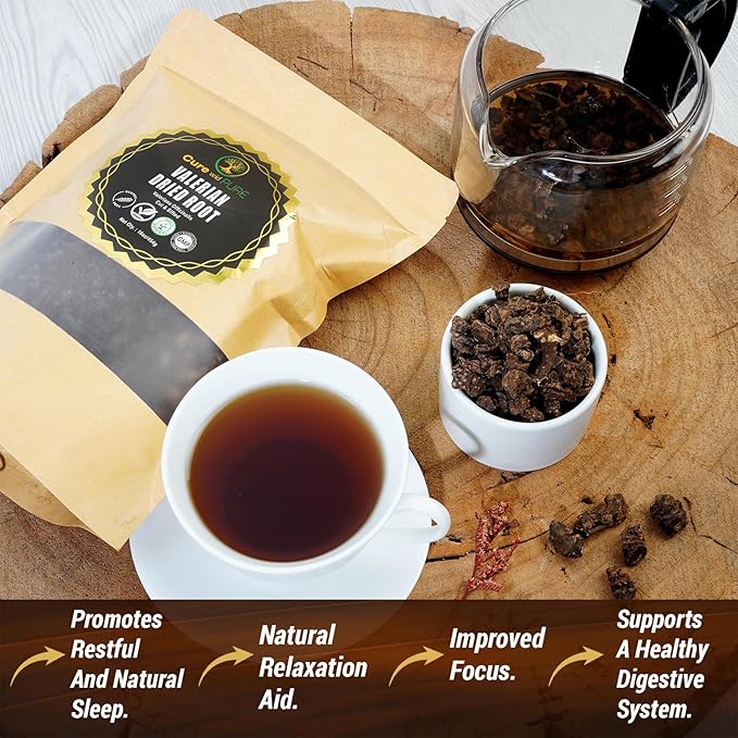 Cure wid Pure Organic Valerian Root Tea - Cut,Sifted & Non-Irradiated Valerian Tea Promotes Natural Relaxing Sleep - Te De Valeriana officinalis in Resealable Eco Friendly Pouch 16oz