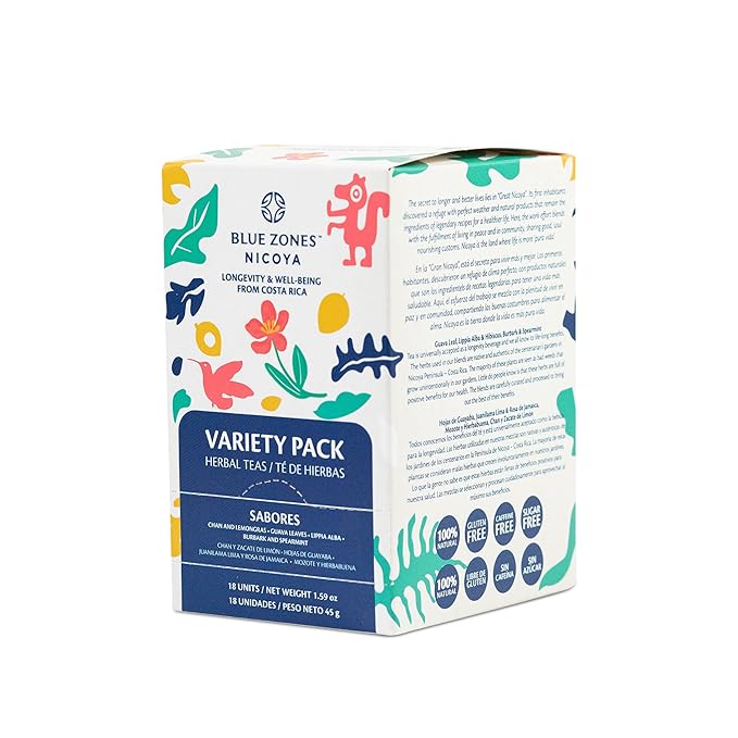 Blue Zones Nicoya - Variety Pack of 5 Lippia Alba & Hibiscus, 5 Chan & Lemongrass, 4 Burbark & Spearmint, 4 Guava Leaves Tea Bags - 100% Natural, Organic, and Refreshing - High Micronutrients - Gluten, Caffeine, Sugar-Free - Pack of 18 (1.59 oz/ 45 g)