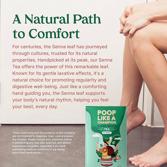 Poop Like A Champion Super Senna Tea with Peppermint, 30 Bags, Digestive Herbal Tea for Constipation Relief, Natural Laxative, Traditional Remedy