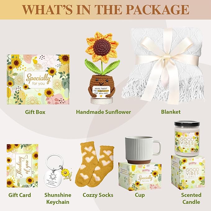 Gossby Gift Basket for Women - Happy Birthday Gift Set for Her, Mom, Sister, Friend, Coworker, Teacher - Get Well Soon, Thinking of You Sunflower Care Package - Never Forget The Difference You Make