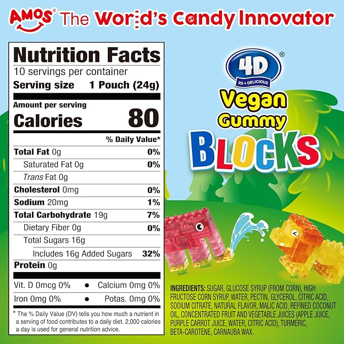 AMOS 4D Vegan Gummy Blocks Candy – Assorted Fruit Flavors, Made with Real Juice, Fun-to-Build Edible Blocks, Fat-Free, 8.47oz (240g)