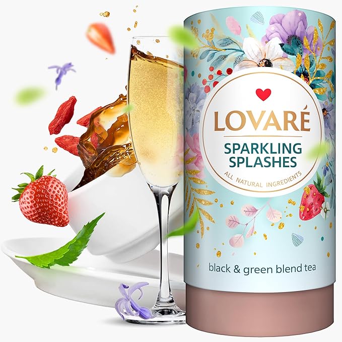 LOVARE Sparkling Splashes Loose Leaf Tea 80 g - Made in Ukraine - Black and Green Tea, Strawberry, Cornflower and Safflower Petals, Goji berries - Gift Box with 15 Paper Filters