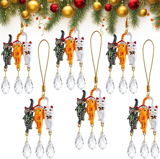 H&D HYALINE & DORA 6 Pack Cat Christmas Tree Ornament 5.5'' Crystal Glass Christmas Hanging Ornaments Pet Decorations for Tree and Car Suncatcher Gifts for Cat Lovers