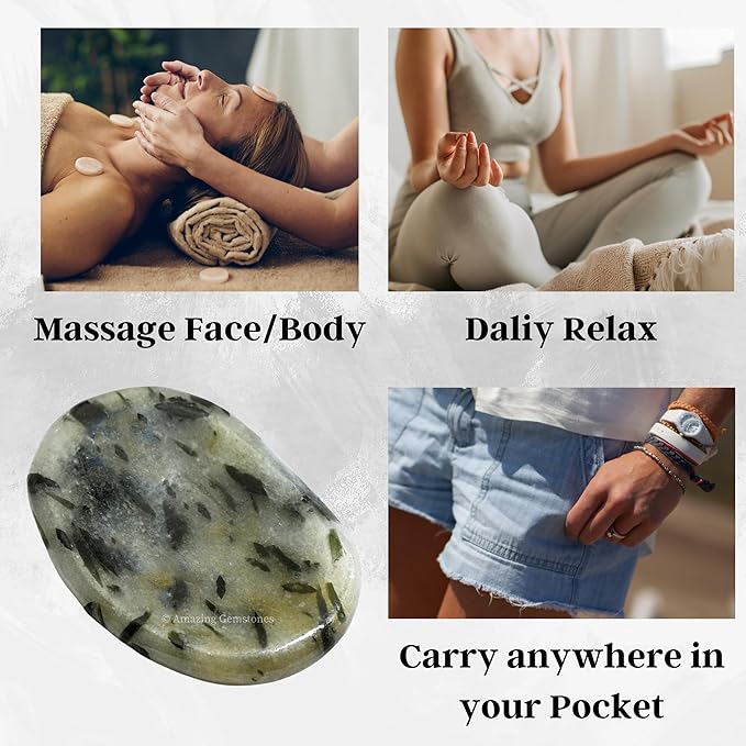Amazing Gemstone Green Tourmaline in Quartz Worry Stone Crystals and Healing Stones - Worry Stones for Stress Relief Gift - Piedra Crystal Fidget for Meditation - Stocking Stuffers and Birthday Gift