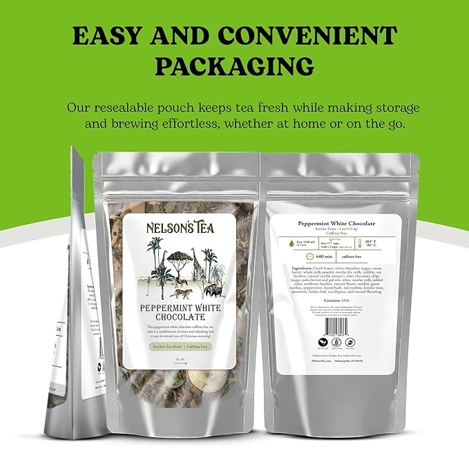 Nelson's Tea - Peppermint White Chocolate - Caffeine Free - Loose Leaf Tea with Green & Red Rooibos - White Chocolate Peppermint Tea (4 oz)