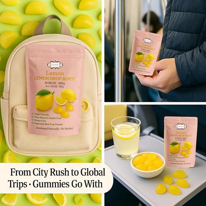 Confect Lemon Drop Burst Fruit Gummies – Vegan Candy – 6 Packs x 1.76 oz – Gluten-Free, No Corn Syrup, Semi-Circle Shape