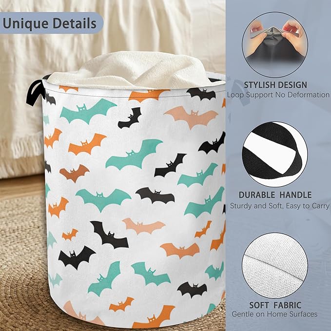 Colorful Bats Laundry Basket,Halloween Foldable with Handles Tote Bag Oxford Cloth for Bathroom Bedroom Dirty Clothes Storage Bucket 16" x 20.8"