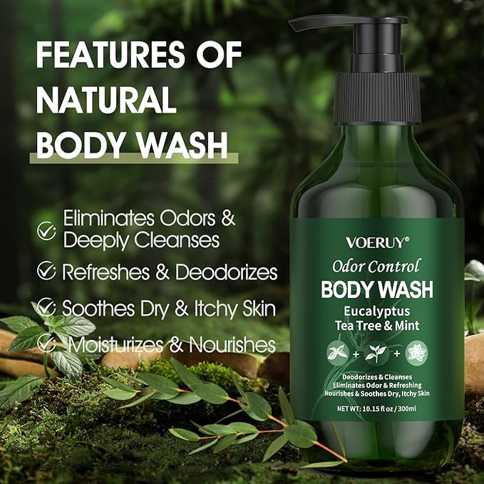 Eucalyptus & Tea Tree Oil Deodorizing Body Wash for Men & Women - 24 Hour Odor Control Shower Gel, Nourish & Sooth Dry, Itchy Skin, Natural Odor Control with Coconut Oil, Sulfate & Paraben-Free