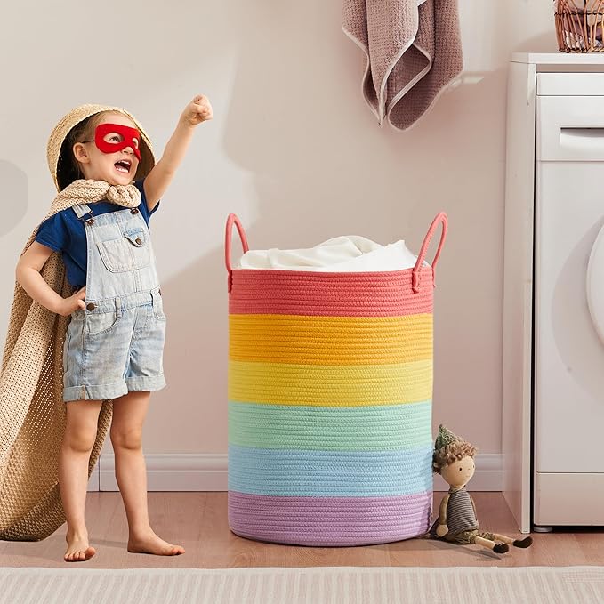20 Inches Rainbow Baby Girls Kids Hamper Laundry Basket for Nursery Toddler Clothes Blanket Toy Storage Woven Rope Unicorn Hamper in Playroom Bedroom Large