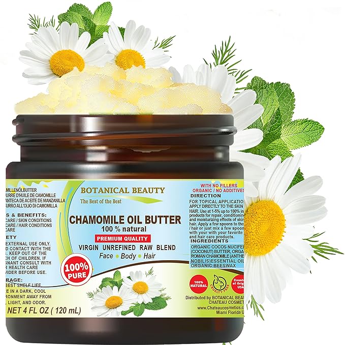 Botanical Beauty CHAMOMILE OIL BUTTER 100% Pure Natural Virgin Unrefined RAW for FACE, SKIN, BODY, DAMAGED HAIR, NAILS. Chamomile Roman Essential Oil and Coconut Oil (4 Fl Oz)