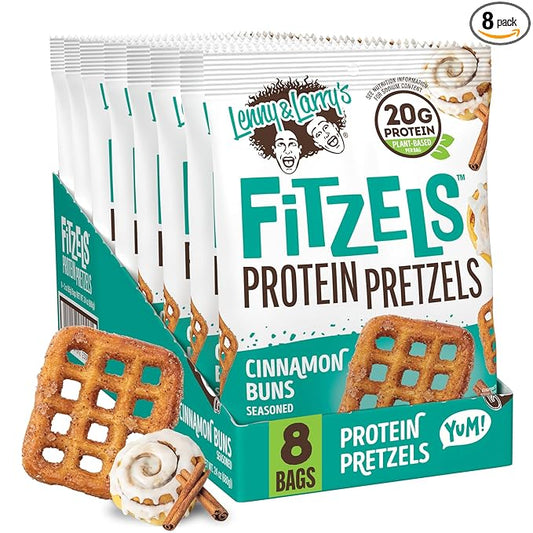 Lenny & Larry's FITZELS Protein Pretzels (Cinnamon Buns) 8 Individual Bags 3 oz Each – High Protein Snacks with 20g of Plant Based Protein – Healthy Vegan Pretzels – Delicious Salty Taste