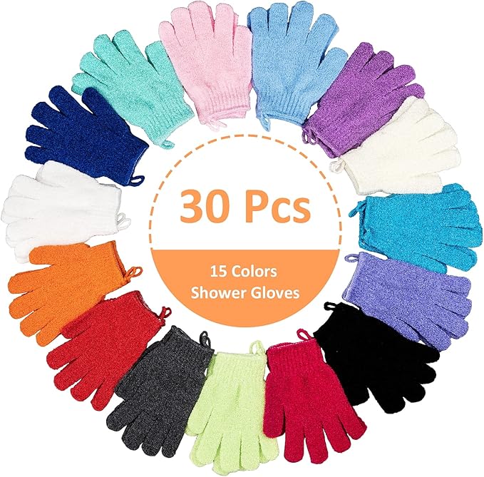 30 Pcs Exfoliating Gloves for Shower, 15 Colors Body Exfoliator Glove with Hanging Loop, Scrub Exfoliate Glove Mitt Bath Face Spa Hand Scrubber Wash Deep Scrubbing Dead Skin for Women Men, by Aisuly