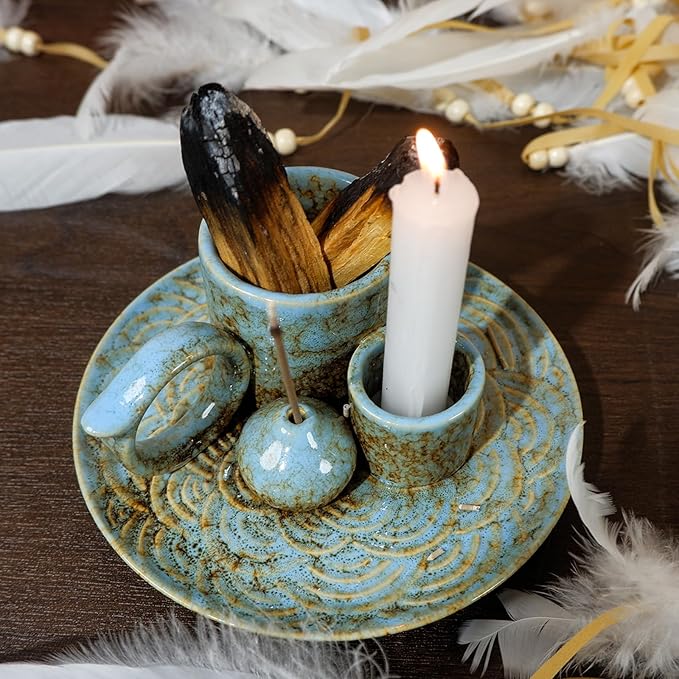 5-in-1 Ceramic Palo Santo Burner Holder Blue -Small Candle Holder & Smudge Burning Tray Bowl,Fits Incense Sticks/Cones, Sage.Zen Altar for Meditation Room, Aromatic Scents, Matches Compatible