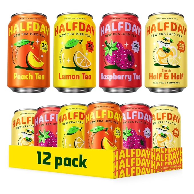 HALFDAY Prebiotic Iced Tea Lemon, Peach, Raspberry and Half & Half Variety Pack, Gut Health, Plant Fiber & Prebiotics, 3-5g of Sugar, 35 Calories, Natural Caffeine, Gluten Free, Keto 12 fl oz (12 pack)