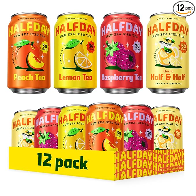 HALFDAY Prebiotic Iced Tea Lemon, Peach, Raspberry and Half & Half Variety Pack, Gut Health, Plant Fiber & Prebiotics, 3-5g of Sugar, 35 Calories, Natural Caffeine, Gluten Free, Keto 12 fl oz (12 pack)