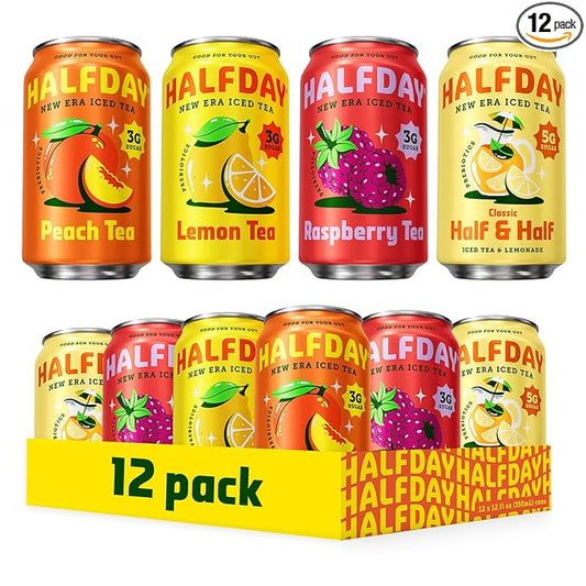 HALFDAY Prebiotic Iced Tea Lemon, Peach, Raspberry and Half & Half Variety Pack, Gut Health, Plant Fiber & Prebiotics, 3-5g of Sugar, 35 Calories, Natural Caffeine, Gluten Free, Keto 12 fl oz (12 pack)
