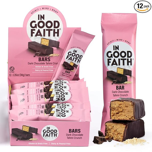 In Good Faith Dark Chocolate Tahini Crunch Bars, Healthy, Gluten Free, Vegan, Dairy Free Chocolate Bars (12 pack)