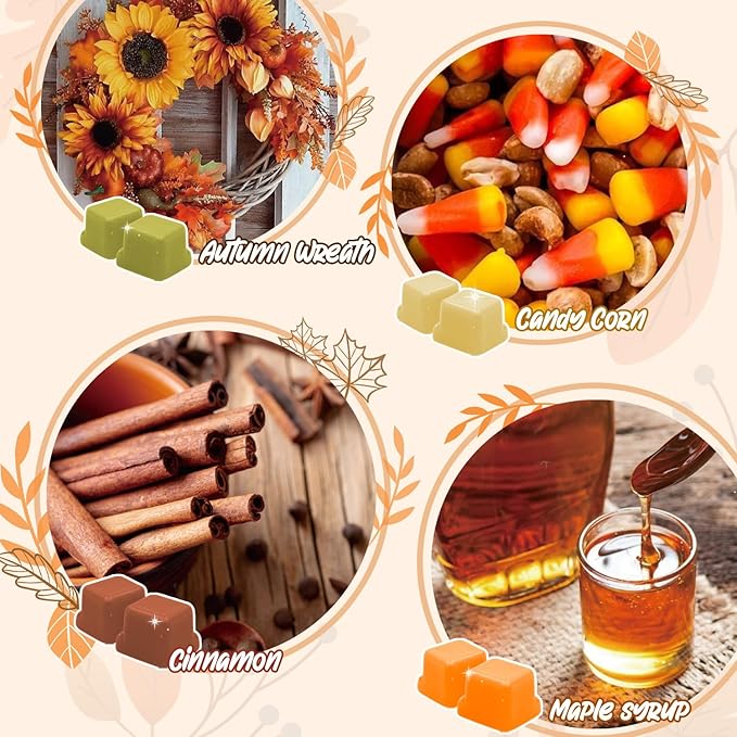 Autumn Scented Wax Melts, Scented Soy Wax Cubes Gift Set for Wax Warmer-Pumpkin Spice, Apple Cider, Apple Pie, Autumn Harvest, Cinnamon, Maple Syrup, Candy Corn, and Autumn Wreath, 8x2.5oz