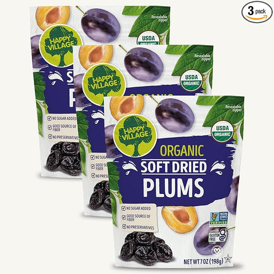 Happy Village Organic Soft Dried Plums 21 OZ (3 Packs of 7 OZ) – Soft & Juicy Prunes with No Refined Sugar, Organic, Non-GMO, Kosher, Gluten-Free