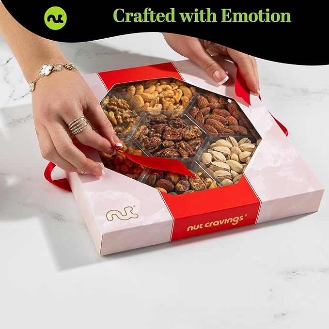 NUT CRAVINGS - Diwali Sweets Hamper Mixed Nuts Gift Basket in Red Gold Box (7 Assortments, 1 LB) Food Arrangement, Healthy Snack Care Package, Food Assortments