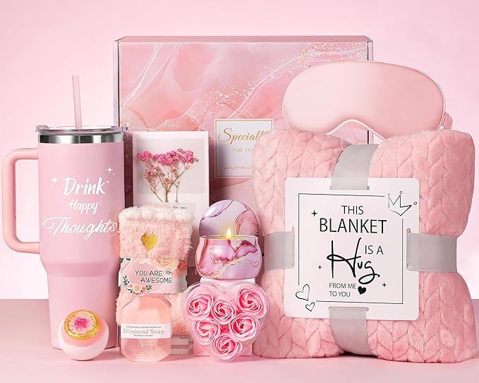 Birthday Gifts for Women - Relaxing Spa Gift Set -Self Care Get Well Soon Gift Baskets - Happy Birthday Gift Set W/Flannel Blanket & 40 OZ Tumbler for Mom Wife Her Best Friend Sister Girlfriend