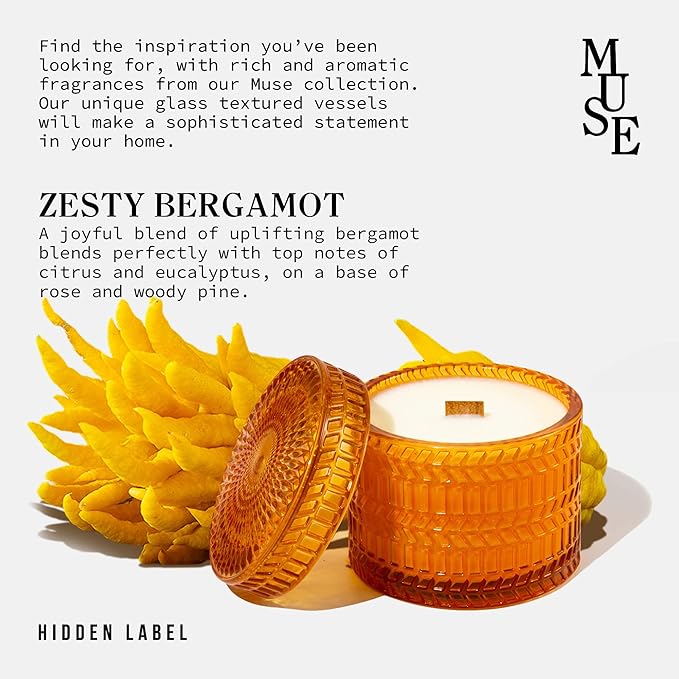 Hidden Label Zesty Bergamot Scented Candles for Home Scented, Candle Gifts for Women,Crackling Wood Wick Soy Candles, 7.4oz Glass Decorative Jar