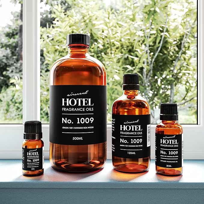 AirScent Hotel Diffuser Oil No. 1009 - Lemon Lily Hawaiian Koa Wood - Hotel Scent Dupe - Premium Fragrance Oil for Ultrasonic and Waterless Diffusers and Crafting - 10 mL, .34 ﬂ oz Glass Bottle