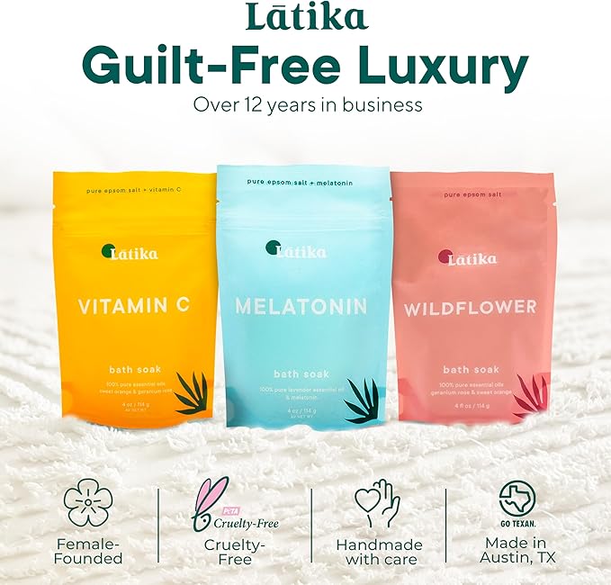 Latika Soaks Set of 3 - Wildflower, Melatonin, Vitamin C - Moisturizing Bath Soak with Epsom Salt & Essential Oils for Stress Relief, Muscle Recovery, & Relaxation - at-Home Spa