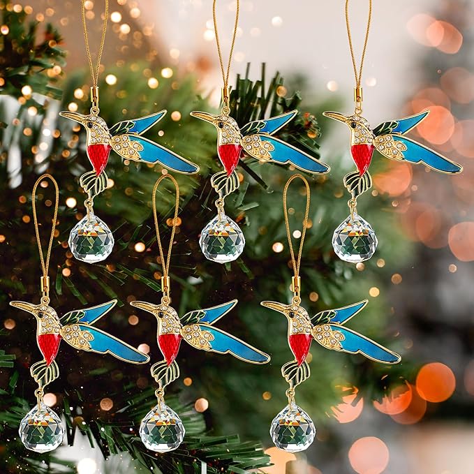 H&D HYALINE & DORA 6 Pcs Hummingbird Hanging Christmas Ornaments Crystal Hummingbird Suncatchers Shiny Rhinestones Bird Hanging Ornaments for Christmas Trees Decorations Party Favor