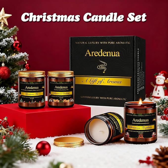 Christmas Candles Set | 4 Pack Winter Holiday Scented Candles, Soy Candles for Home Scented - Xmas Candle Gifts for Women and Men - Scents of Christmas Fir/Spices/Cookies/Fireplace