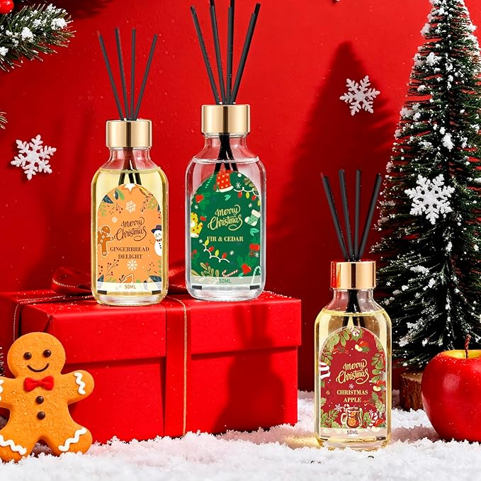 Reed Diffuser of 3 Pack, Fir & Cedar Gingerbread Delight Christmas Apple Oil Diffuser Set with 15 Sticks, Bathroom Air Freshener, Aromatherapy Reed Diffusers for Home, Office, Gift, Total 5.1 Fl. Oz