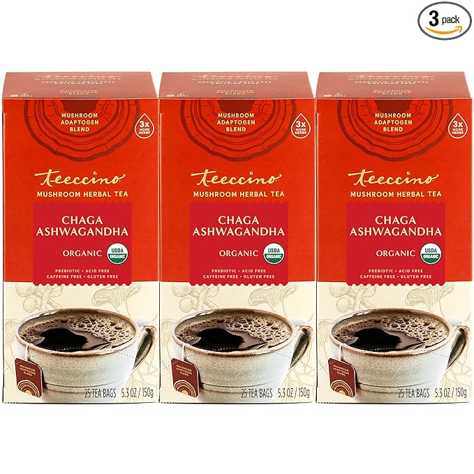 Teeccino Chaga Ashwagandha Tea - Butterscotch Cream - Organic Mushroom Adaptogenic Herbal Tea, 3x More Herbs than Regular Tea Bags, Prebiotic, Caffeine Free, Gluten Free - 25 Tea Bags (Pack of 3)
