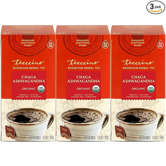 Teeccino Chaga Ashwagandha Tea - Butterscotch Cream - Organic Mushroom Adaptogenic Herbal Tea, 3x More Herbs than Regular Tea Bags, Prebiotic, Caffeine Free, Gluten Free - 25 Tea Bags (Pack of 3)