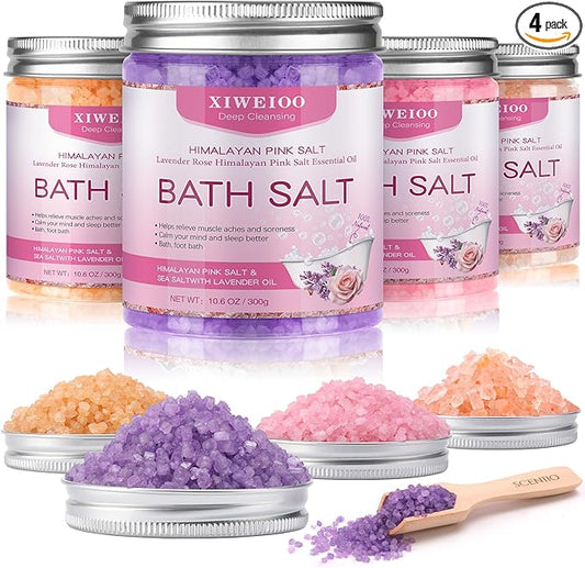 4 Pack Kit Bath Salts for Soaking Himalayan Pink Salt Lavender Orange Rose Pink Scent Epsom Salt Bubble Bath for Women Christmas Gift with Dead Sea Salt Moisturizing Skin