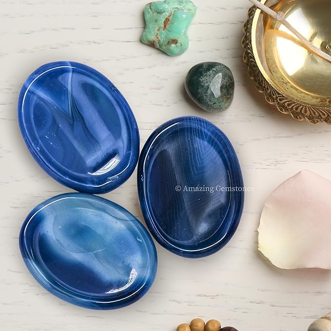 Amazing Gemstone Alma Blue Agate Worry Stone, Healing Crystals - Piedra Crystal Fidget for Gift, Meditation, Calming, Relaxation, Stress Relief