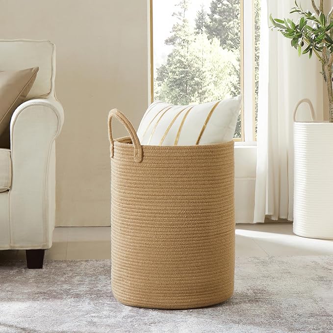 62L Jute Woven Hamper Laundry Basket Wicker Rope Clothes Hamper for Baby Nursery Kids Tall Rattan Blanket Basket in Living Room Bedroom