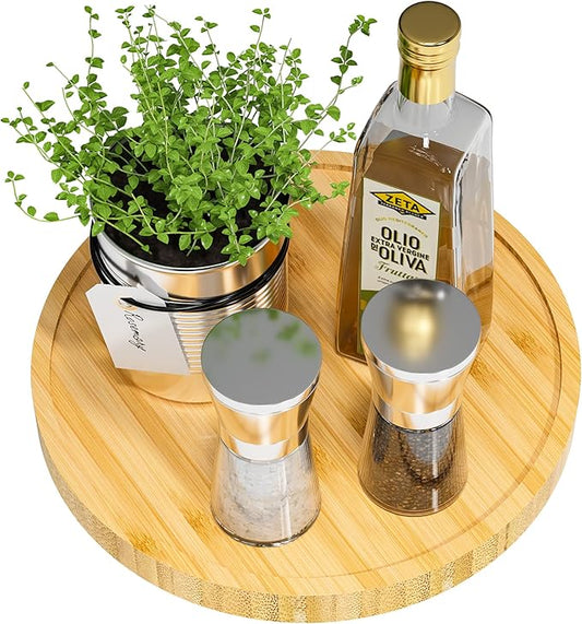 Lazy Susan Organizer, 9 Inch Non-Skid Bamboo Lazy Susan for Table Storage Napkin Holder Vase, Wood Turntable for Kitchen Countertop Organizer