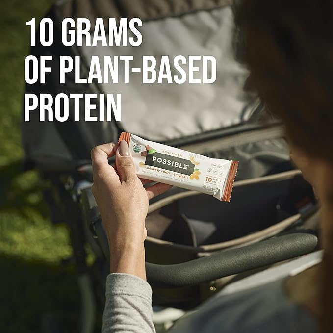 POSSIBLE Snack Bar - Organic Energy Bars with 10g of Plant-Based Protein - Vegan, Gluten-Free, Non-Dairy, USDA Organic - Healthy Fats - Clean Label - 1 Box, 12 Servings - Cashew Date Turmeric