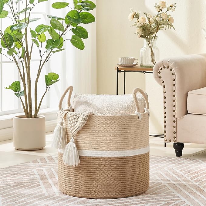 KAKAMAY Large Blanket Basket (18"x18"x16"),Woven Baby Laundry Hamper for Storage, Cotton Rope Blankets Baskets for Nursery, Laundry, Living Room, Pillows, Baby Toy chest with Handles (Light Brown)