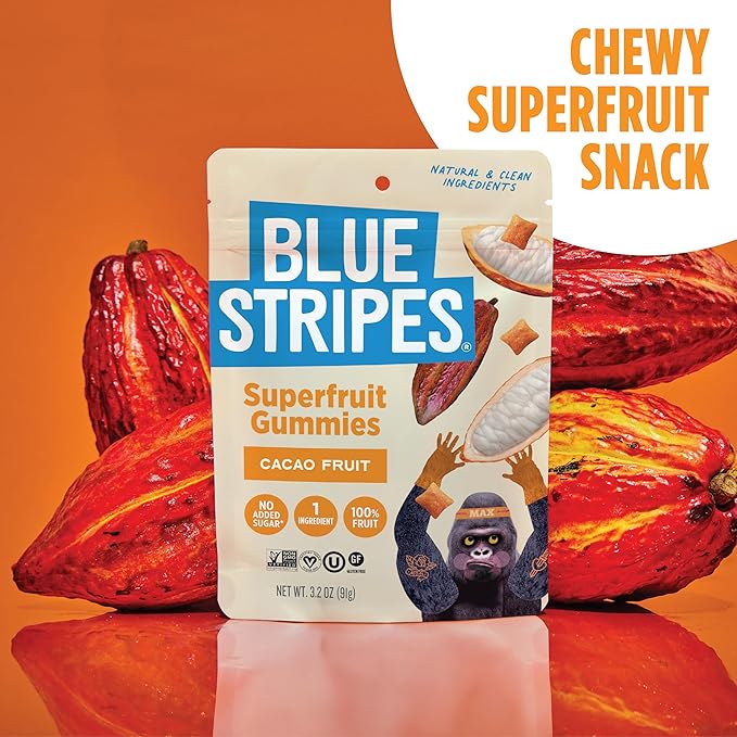 Blue Stripes Cacao Superfruit Gummies - Vegan Chewy Fruity Snack, No Sugar Added 100% Fruit Gummy, 9 Essential Vitamins & Minerals, Natural Tropical Superfood, Use on Granola, Yogurt - 3.2 oz (4 Pack)