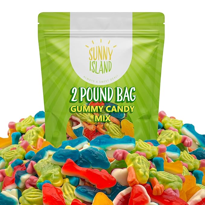 Gummy Sharks and Rainforest Frogs Candy Mix | 2 Pound Bulk Bag | Ocean and Jungle Critters | Assorted Fruit Flavors Gummy Mix | Party Favors, Goody Bags, Kids' Birthday Celebrations