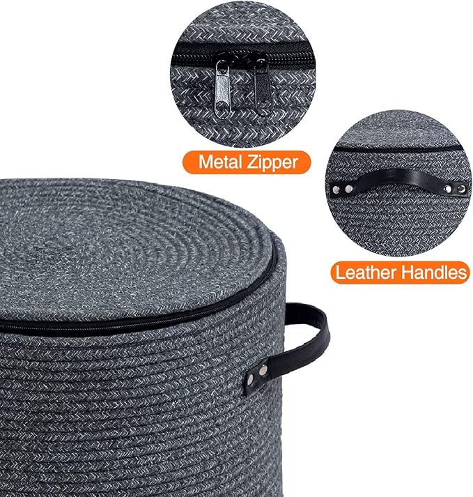 Cotton rope Storage Basket with Zipper cover & Woven baskets with Lid easy to move Multi-Purpose Storage Basket for Living Room, 13 x14 inches(DARK GREY)