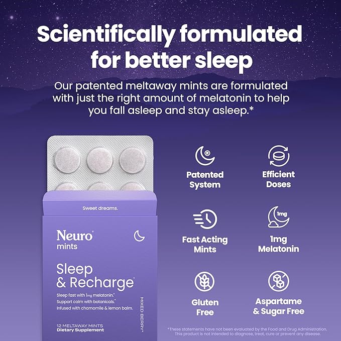 NeuroGum Sleep & Recharge Meltaway Mints | 1mg Melatonin + Chamomile + Elderberry + Lemon Balm + Passion Flower | Natural Sugar Free Rest & Relaxation Supplement (Mixed Berry, 72 Pieces)