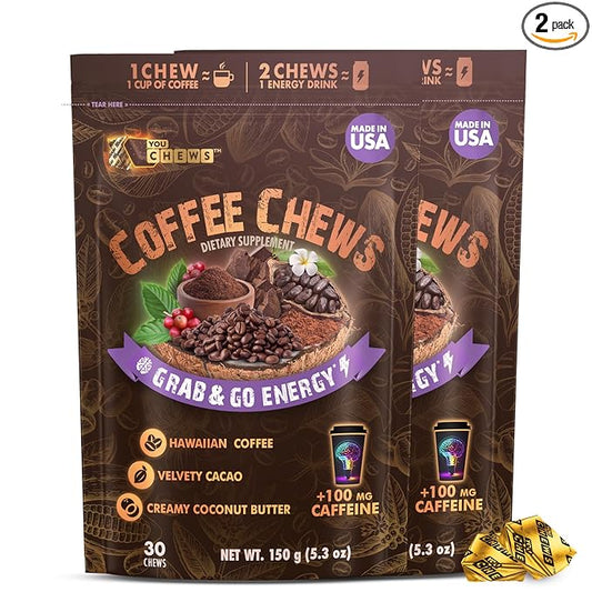 Coffee Chews - Grab & Go Energy with 100mg per Chew of Clean, Green Caffeine. with Real Organic Ingredients, Low Sugar, Great Bold Taste & Long Lasting Energy Boost (Pack of 2)