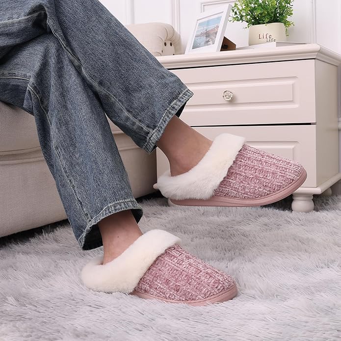 Evshine Warm Knit House Slippers for Women Comfy Wool-Like Lined Chenille Slippers with Memory Foam and Indoor Outdoor Soles