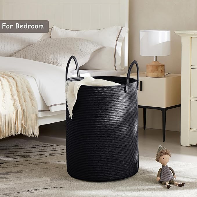 62L Black Woven Rope Hamper Laundry Basket for Clothes Tall Modern Blanket Storage Basket in Living Room Bedroom