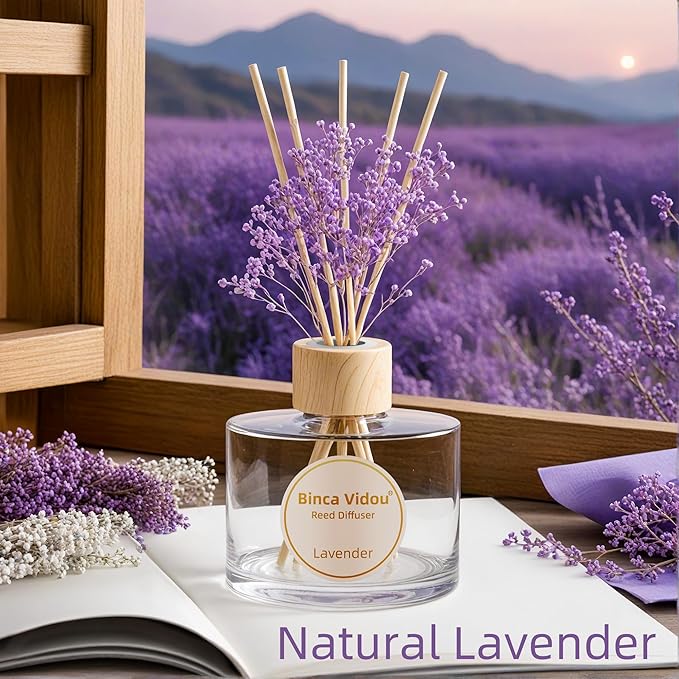 Reed Diffuser Set, Binca Vidou Lavender Natural Scent Oil Diffusers with Sticks for Home Office Bathroom Aromatherapy Decor 6.76oz(200ml)