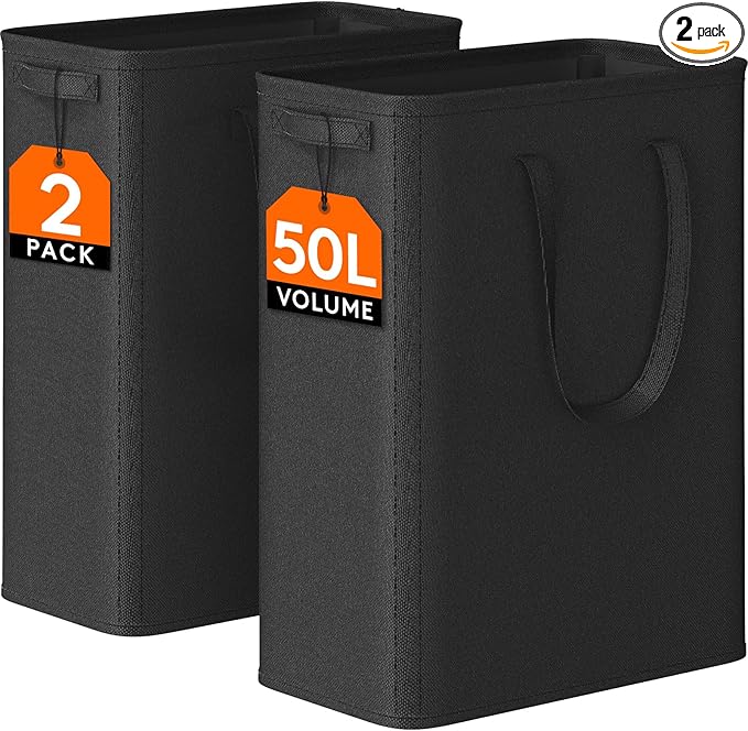 Lifewit 2 Pack Slim Laundry Hamper, Collapsible Narrow Laundry Basket, Small Tall Dirty Clothes Hampers with Handles for Bathroom Bedroom College Dorm, Black, 50L