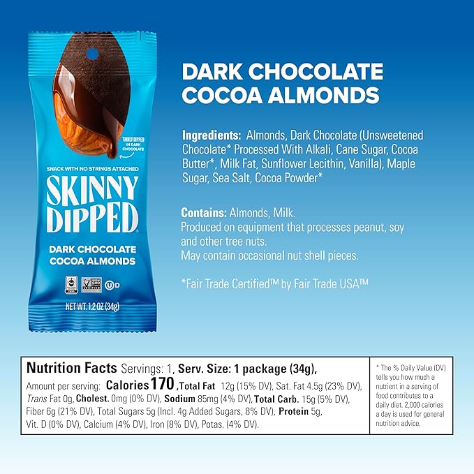 SkinnyDipped Snack Attack Almond Variety Pack, Chocolate Covered Almonds, Low Sugar, Gluten Free, Healthy Snack, 1.2 Ounce Bags (Pack of 15)
