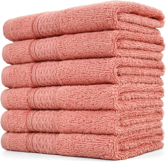 Cleanbear Ultra Soft Washcloths 6 Pack Cotton Face Cloths Wash Cloths Set - Large Bathroom WashCloth 13 x 13 Inches (Coral)